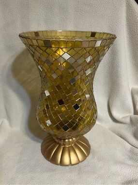 Vintage PartyLite Gold Mosaic Glass Decorative Hurricane Vase